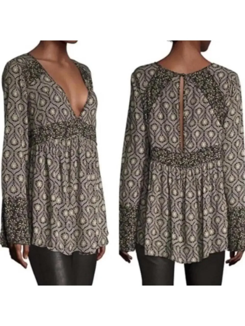 Free People Rolling Hills Tunic Blouse Babydoll Floral Geometric V-Neck